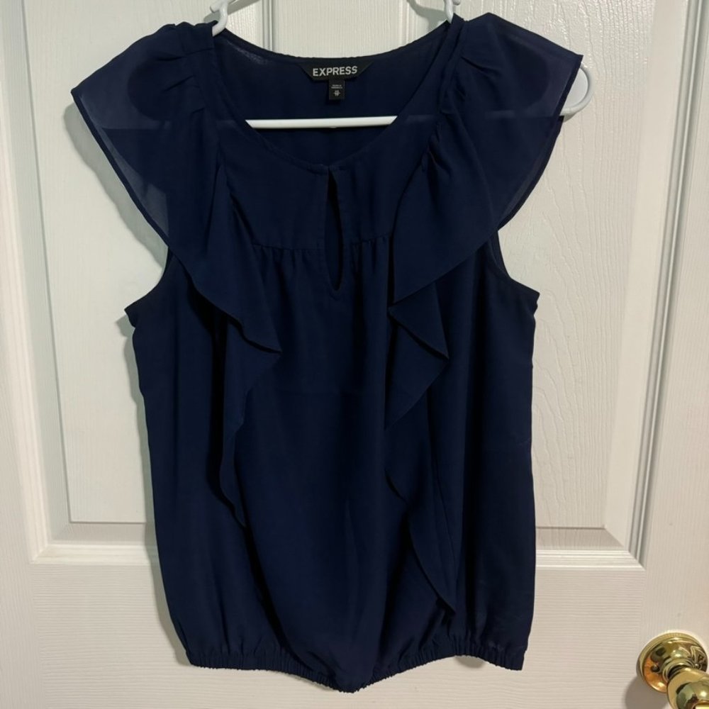 Express - Navy Blue Ruffle Blouse - Picture 2 of 5